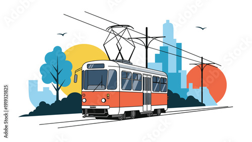 Modern orange and white tram moving on tracks through a stylized urban landscape with trees, birds, and a bright sun in the distance.