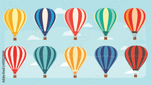 Beautiful collection of ten colorful hot air balloons with various patterns floating across a clear blue sky with fluffy clouds.