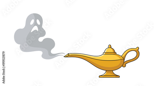 Golden oil lamp with a mysterious grey ghost rising from its spout against a clean white background, inspired by ancient folklore.
