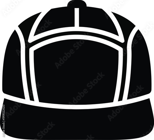 Black and white baseball cap icon with a flat brim and panelled crown design.