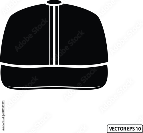 Black and white solid icon of a classic baseball cap for sports and fashion designs.