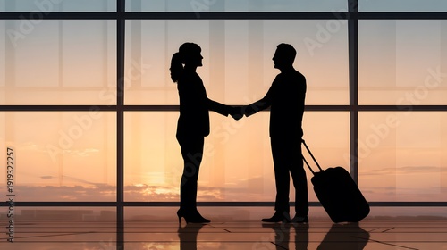 Meeting at the airport: Silhouette of two figures shaking hands, symbolizing agreement at an airport setting. Sunset is the background.