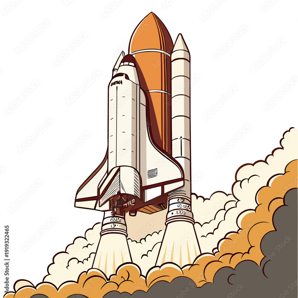 Naklejka premium Space Shuttle Rocket Liftoff with Orange and White