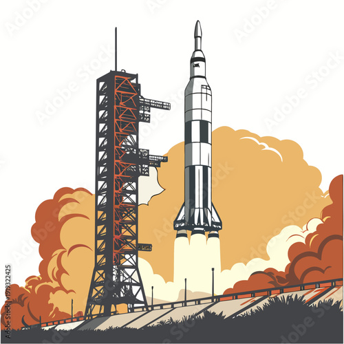 Rocket launch from a tower with smoke and flames space