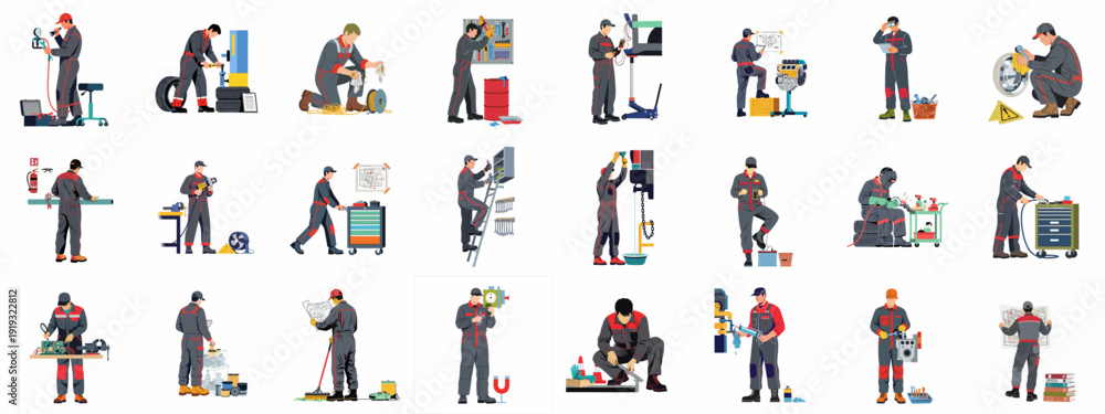 Fototapeta premium Collection of Industrial Workers and Mechanics Performing Diverse Maintenance, Repair, and Manufacturing Tasks.