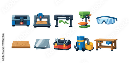 3d woodworking, laser cutting icon set. Carpentry, tools, equipment 3d collection