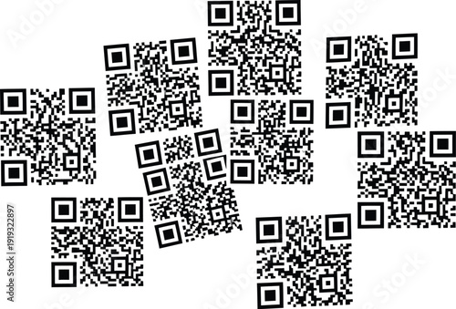 A collection of QR codes are scattered across a white background.