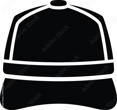 A black and white icon illustration of a baseball cap with a prominent brim and structured crown.