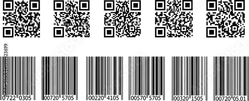 Multiple QR codes and barcodes are displayed side by side on a white background.