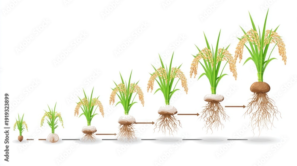 Obraz premium Sequential growth stages of a cereal grain plant showing root development are illustrated in a diagram