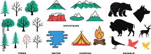 Comprehensive outdoor adventure icon set featuring various trees, mountain ranges, camping equipment, and wild animal silhouettes.