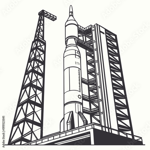 Rocket on launchpad with service towers spacecraft