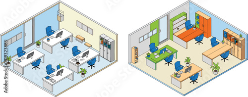 Isometric modern office rooms with desks computers and plants, professional workplace interior layout flat vector illustration for business, corporate design