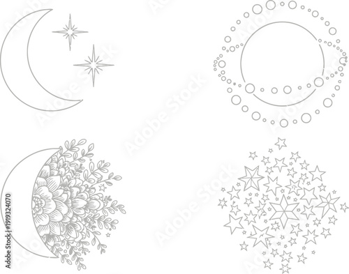 A set of four celestial and floral graphic elements including a crescent moon, stars, a ringed planet, and a cluster of stars.