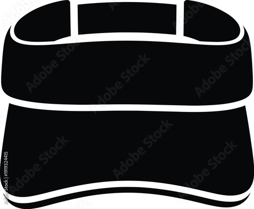 Black silhouette of a sun visor hat icon isolated on a white background for sports and fashion.