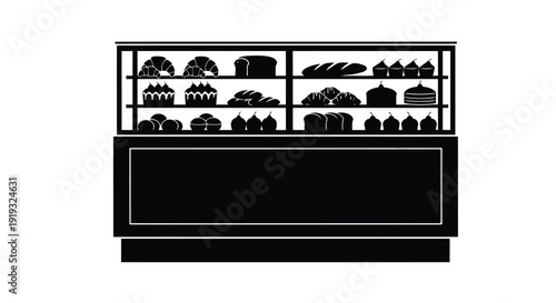 Flat vector black and white bakery display case with cakes and breads illustration isolated on white background