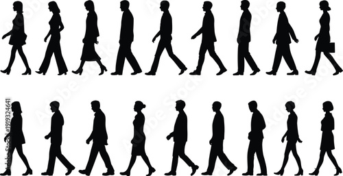 Silhouettes of men and women walking in profile on white background Keywords: male silhouette, female silhouette, human figures