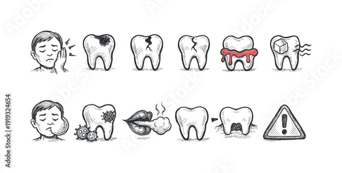 Dental health, pain, and hygiene sketch icon set. Outline dental icons collection