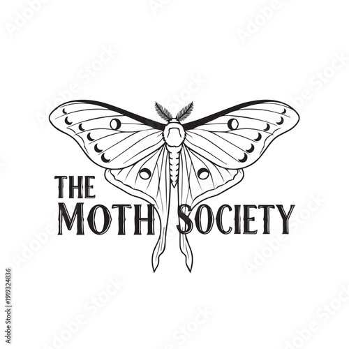 Large moth with eye patterns on wings, text 'THE MOTH SOCIETY', mystical and elegant design, black and white illustration