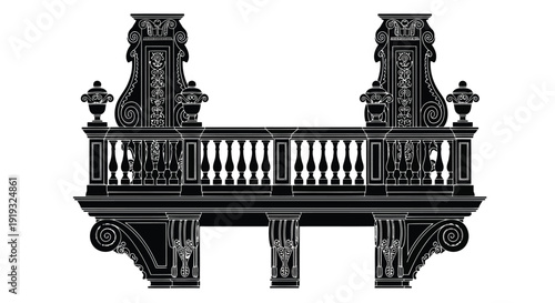 Elegant classical balcony with ornate balustrades and decorative urns flat illustration isolated on white background