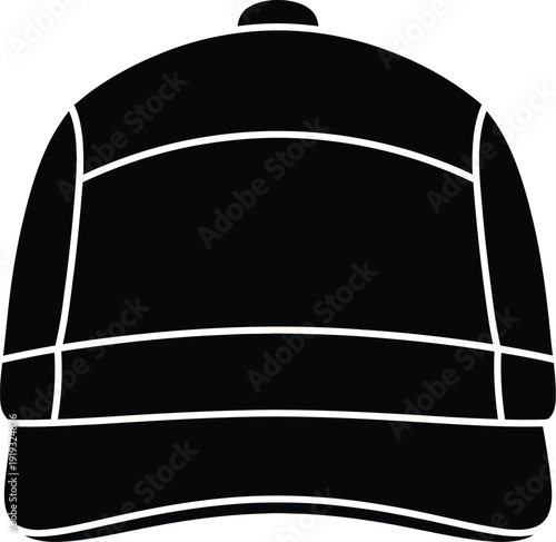 A minimalist black and white icon of a classic baseball cap seen from the front view.