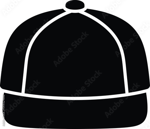 A simple black silhouette icon of a baseball cap with a flat brim and button on top, isolated on a white background.