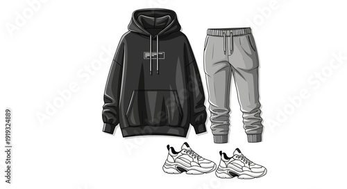 Casual streetwear outfit illustration with black hoodie, grey sweatpants, and chunky sneakers.