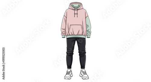 Modern urban streetwear outfit with oversized pink hoodie and black joggers on white background