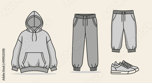 Flat vector illustration of a gray casual sportswear set with hoodie and sweatpants