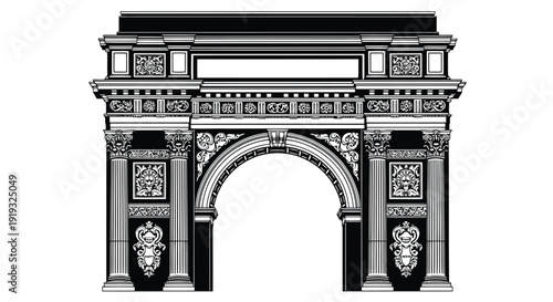 Detailed classical triumphal arch illustration with intricate carvings and ornate columns in flat black and white vector isolated on white background