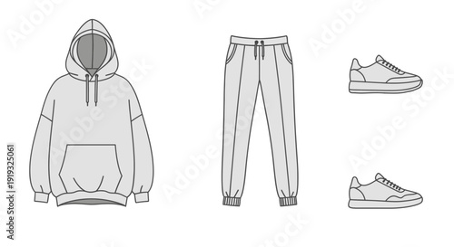 Modern athleisure set with hoodie, sweatpants, and sneakers outline vector.