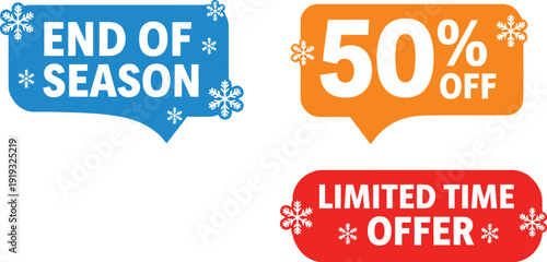 End of season sale with 50% off limited time offer and snowflakes