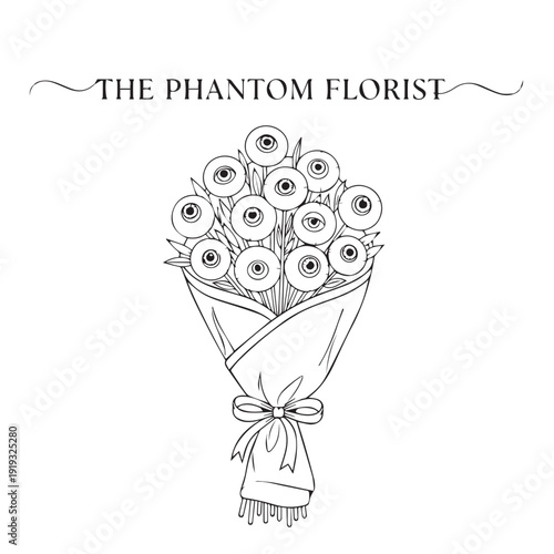 The Phantom Florist: Surreal illustration of a bouquet with eyes instead of flowers, ideal for eerie, Halloween, or unusual themes.