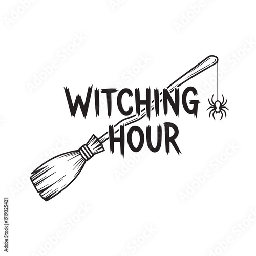 Witching Hour Spider: A playful illustration depicting a witch's broomstick with a spider dangling from it, symbolizing the magic of the night.