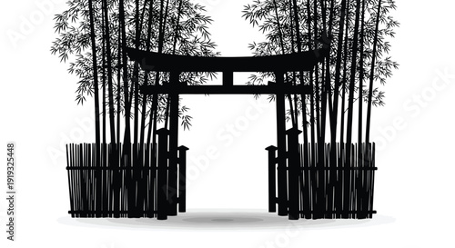 Stylized black silhouette torii gate framed by bamboo forest with minimalist flat design illustration isolated on white background
