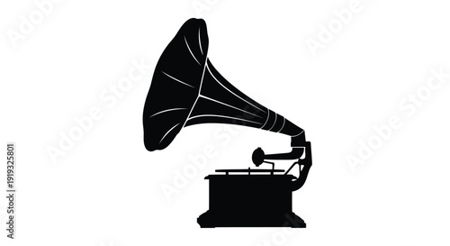 Minimalist vintage gramophone horn silhouette in flat black vector design isolated on white background