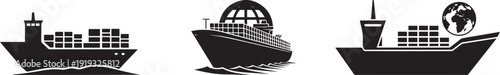 Ship vector icon set. Includes cargo ship, tanker, cruise ship. Created in black silhouette style with white details.
