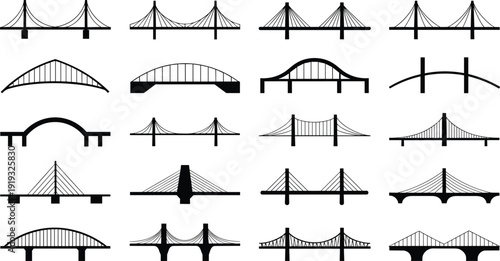 Minimalist bridge silhouettes collection featuring suspension, arch, cable stayed, and modern bridge designs, black and white vector icons for infrastructure and architecture concepts