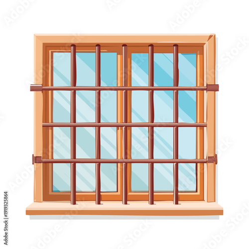 Cartoon window with metal bars and wooden frame