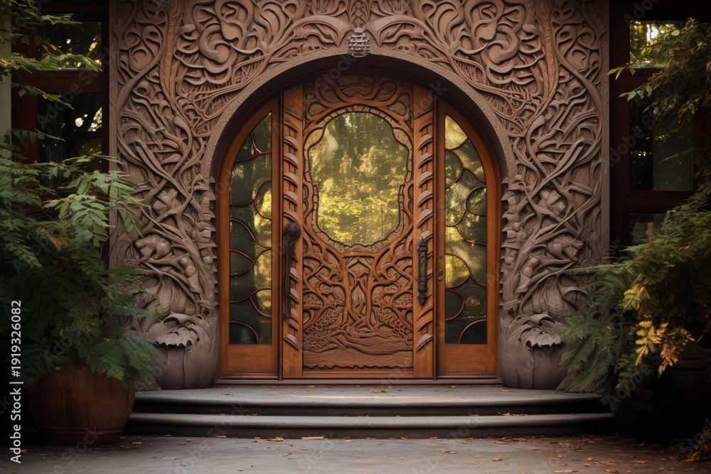 Fototapeta premium Ornate archway featuring detailed wood carvings and glass panels, serving as a decorative entrance