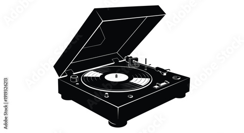 Modern black vinyl turntable flat illustration with open lid and tonearm in minimalist design isolated on white background
