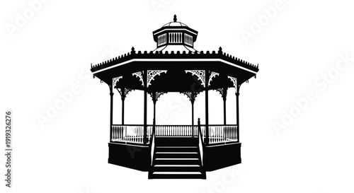 Elegant octagonal gazebo pavilion with staircase silhouette in bold black flat vector design isolated on white background