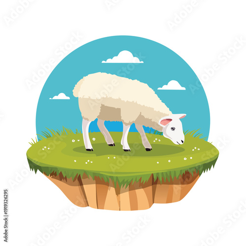 Cartoon sheep grazing on a green island under blue sky