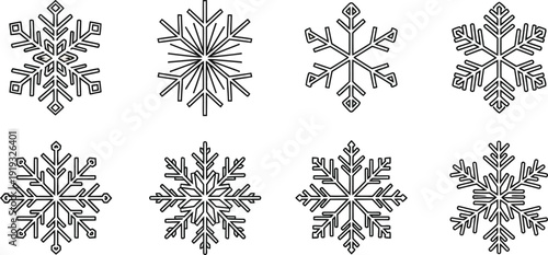 Winter snowflake outline icon collection. Includes various intricate crystalline ice shapes, frosty patterns, and geometric designs. Created in line art style with a black and white palette.