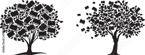 Disintegrating tree icon set. Includes two tree silhouettes with leaves falling apart. Created in simple black style with white background.