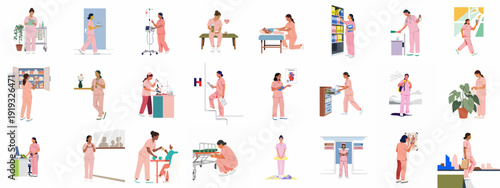 Diverse Nurses: Daily Activities, Professional Duties, and Self-Care Moments in Healthcare Settings and Personal Lives