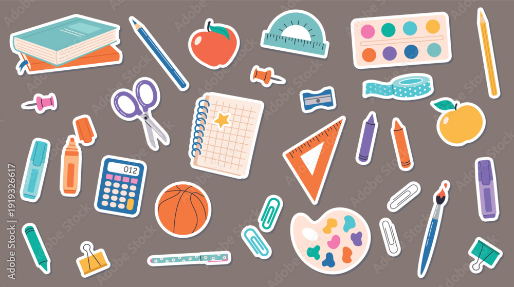 Εκτύπωση καμβά Cute school supplies stickers set with books, pencil, scissors, ruler, calculator, paint and fruit on brown background