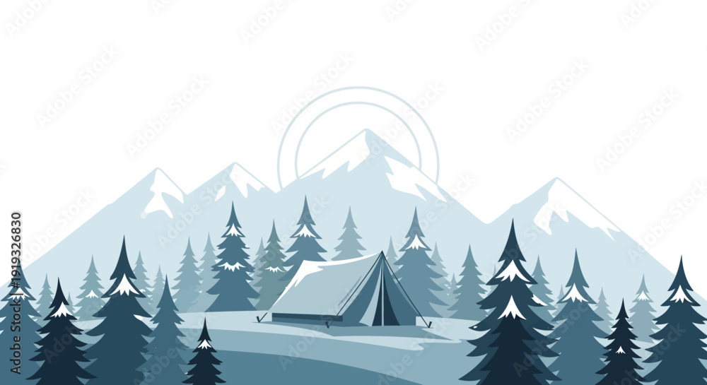 Fototapeta premium Winter Camping Scene with Tent and Pine Forest in Snowy Mountains Vector