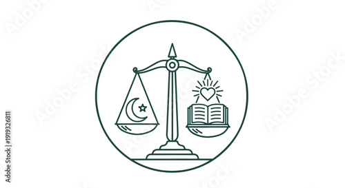 Interfaith balance scale icon representing religious harmony, justice, and spiritual equality, with crescent moon and star opposing a heart and book symbol.