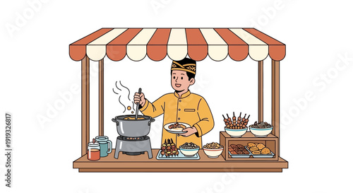 Traditional Indonesian Street Food Vendor Serving Satay at Market Stall Illustration